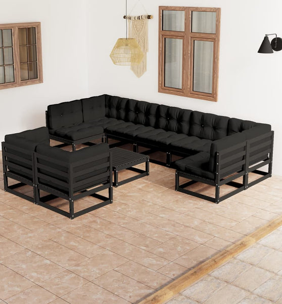 10-tlg. Garten-Lounge-Set mit Kissen Schwarz Massivholz Kiefer