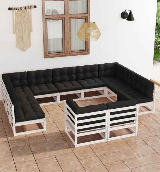 11-tlg. Garten-Lounge-Set mit Kissen Weiß Kiefer Massivholz