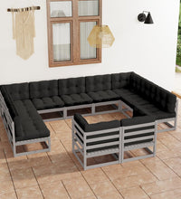 11-tlg. Garten-Lounge-Set mit Kissen Grau Kiefer Massivholz