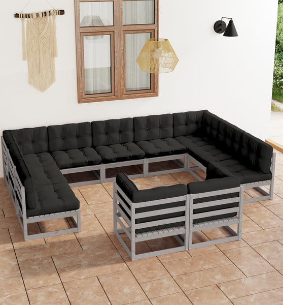 11-tlg. Garten-Lounge-Set mit Kissen Grau Kiefer Massivholz