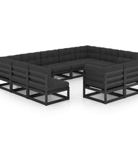 11-tlg. Garten-Lounge-Set mit Kissen Schwarz Kiefer Massivholz