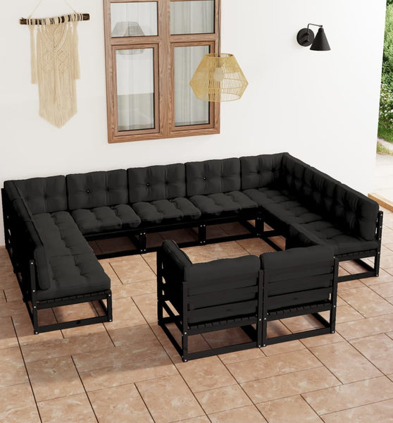 11-tlg. Garten-Lounge-Set mit Kissen Schwarz Kiefer Massivholz