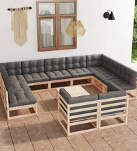 12-tlg. Garten-Lounge-Set mit Kissen Massivholz Kiefer