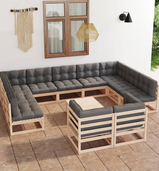 12-tlg. Garten-Lounge-Set mit Kissen Massivholz Kiefer