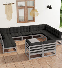 12-tlg. Garten-Lounge-Set mit Kissen Grau Massivholz Kiefer