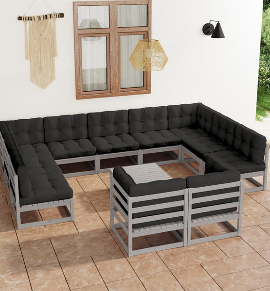 12-tlg. Garten-Lounge-Set mit Kissen Grau Massivholz Kiefer