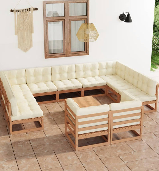 12-tlg. Garten-Lounge-Set mit Kissen Honigbraun Massivholz