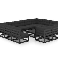 12-tlg. Garten-Lounge-Set mit Kissen Schwarz Massivholz Kiefer