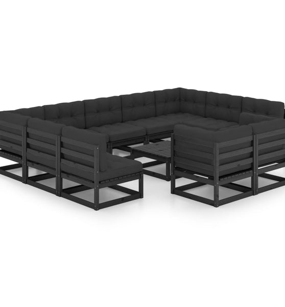 12-tlg. Garten-Lounge-Set mit Kissen Schwarz Massivholz Kiefer