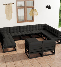 12-tlg. Garten-Lounge-Set mit Kissen Schwarz Massivholz Kiefer