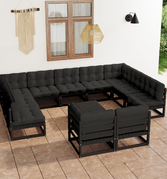 12-tlg. Garten-Lounge-Set mit Kissen Schwarz Massivholz Kiefer