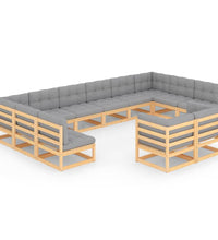 12-tlg. Garten-Lounge-Set mit Kissen Massivholz Kiefer