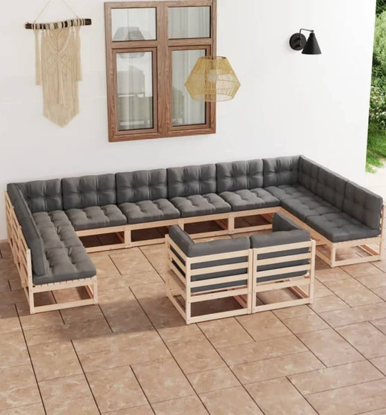 12-tlg. Garten-Lounge-Set mit Kissen Massivholz Kiefer