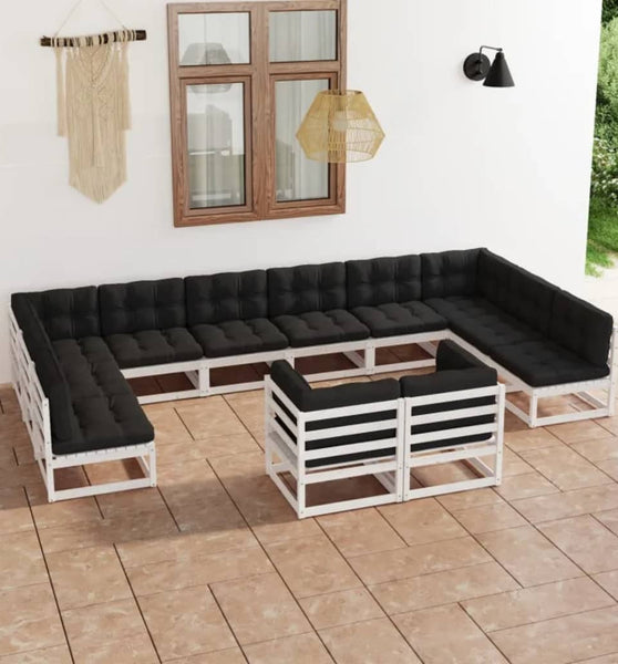 12-tlg. Garten-Lounge-Set mit Kissen Weiß Massivholz Kiefer