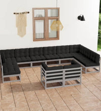 12-tlg. Garten-Lounge-Set mit Kissen Grau Massivholz Kiefer