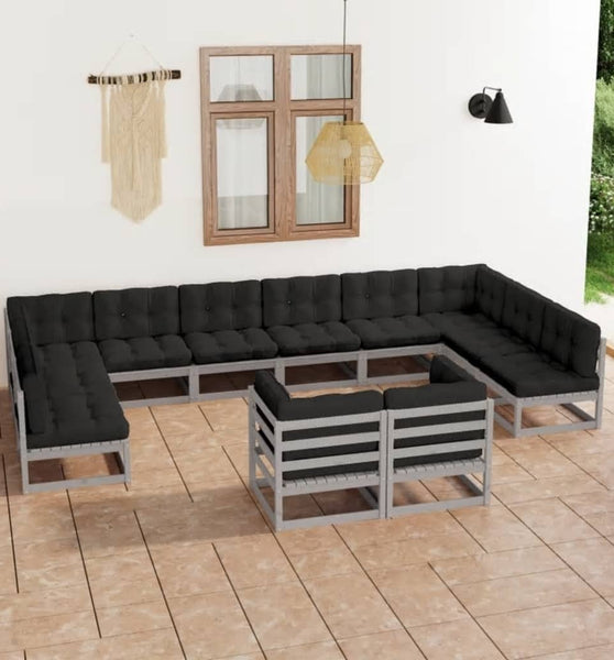 12-tlg. Garten-Lounge-Set mit Kissen Grau Massivholz Kiefer