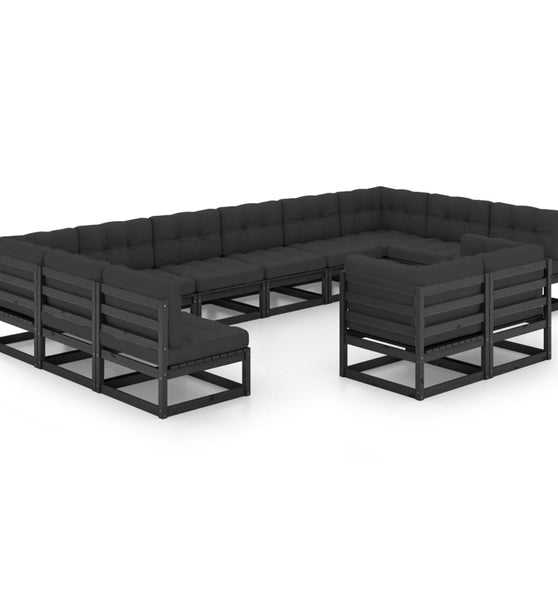 12-tlg. Garten-Lounge-Set mit Kissen Schwarz Massivholz Kiefer