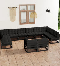 12-tlg. Garten-Lounge-Set mit Kissen Schwarz Massivholz Kiefer