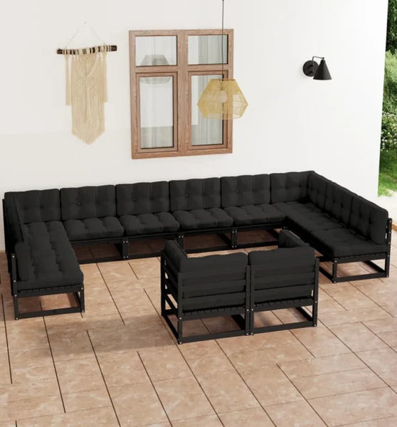 12-tlg. Garten-Lounge-Set mit Kissen Schwarz Massivholz Kiefer