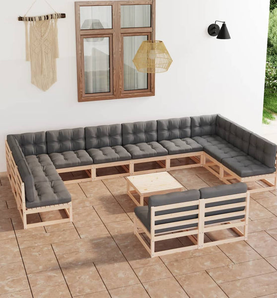 13-tlg. Garten-Lounge-Set mit Kissen Massivholz Kiefer