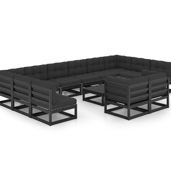 13-tlg. Garten-Lounge-Set mit Kissen Schwarz Massivholz Kiefer