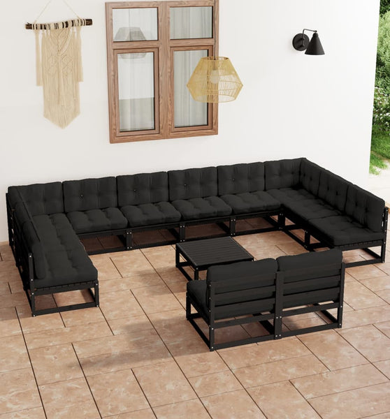 13-tlg. Garten-Lounge-Set mit Kissen Schwarz Massivholz Kiefer