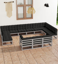 13-tlg. Garten-Lounge-Set mit Kissen Grau Massivholz Kiefer