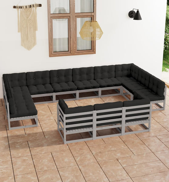 13-tlg. Garten-Lounge-Set mit Kissen Grau Massivholz Kiefer