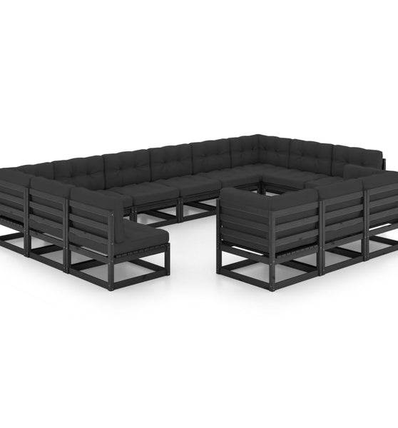 13-tlg. Garten-Lounge-Set mit Kissen Schwarz Massivholz Kiefer