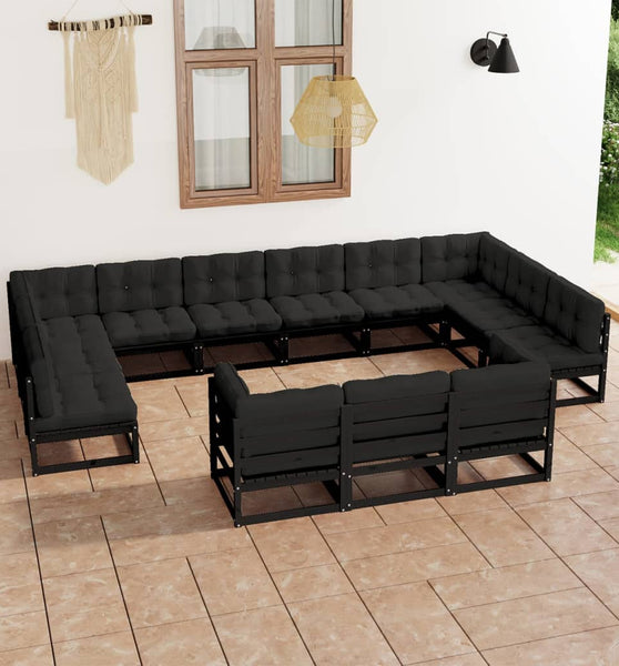 13-tlg. Garten-Lounge-Set mit Kissen Schwarz Massivholz Kiefer