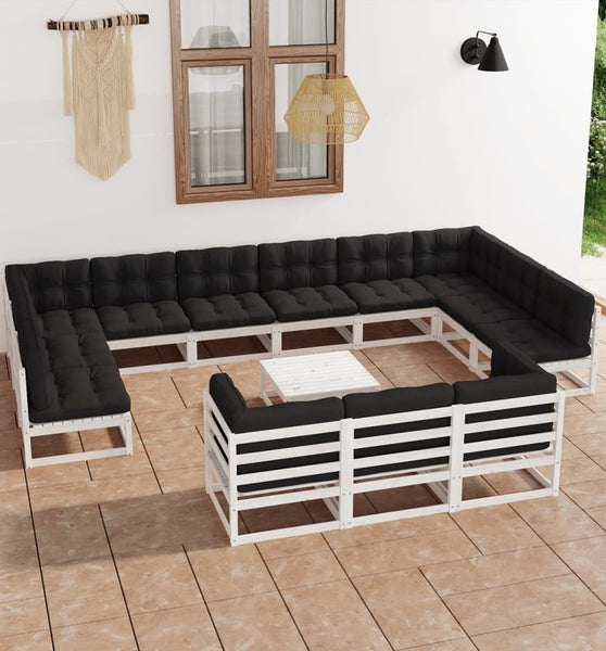 14-tlg. Garten-Lounge-Set mit Kissen Weiß Massivholz Kiefer