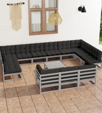 14-tlg. Garten-Lounge-Set mit Kissen Grau Massivholz Kiefer