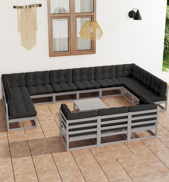 14-tlg. Garten-Lounge-Set mit Kissen Grau Massivholz Kiefer