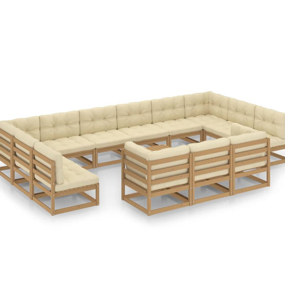 14-tlg. Garten-Lounge-Set mit Kissen Honigbraun Massivholz