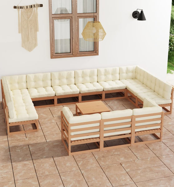 14-tlg. Garten-Lounge-Set mit Kissen Honigbraun Massivholz