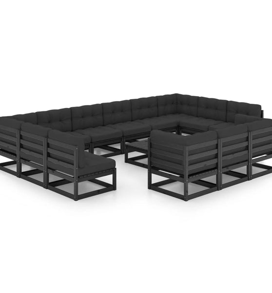 14-tlg. Garten-Lounge-Set mit Kissen Schwarz Massivholz Kiefer