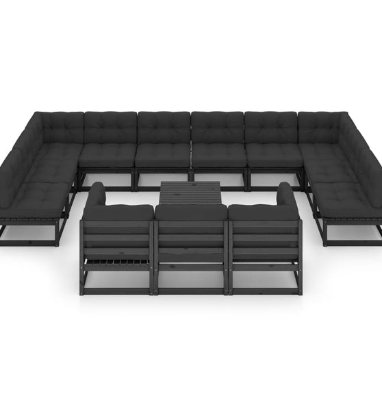 14-tlg. Garten-Lounge-Set mit Kissen Schwarz Massivholz Kiefer