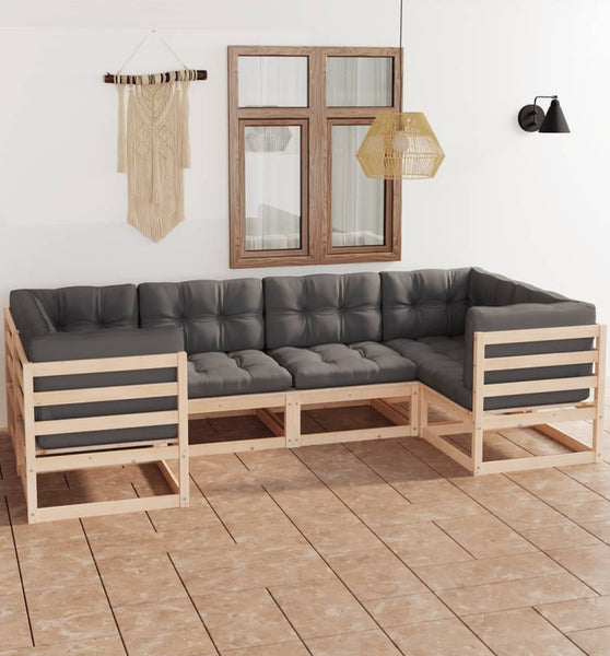 6-tlg. Garten-Lounge-Set mit Kissen Massivholz Kiefer