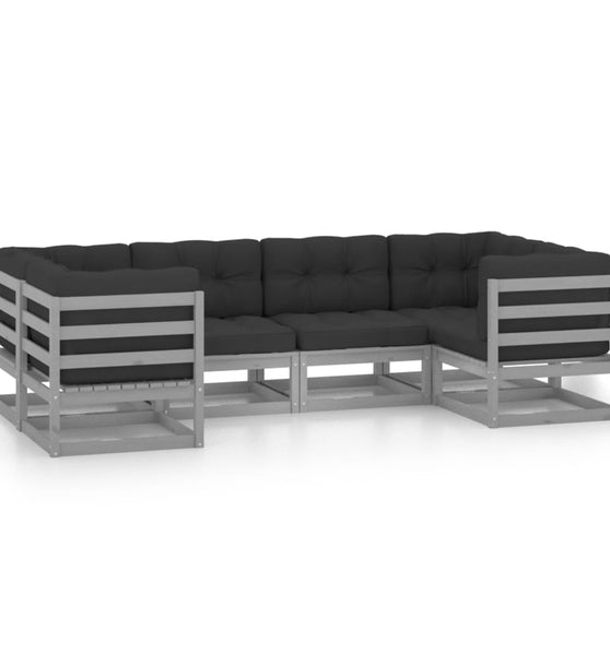 6-tlg. Garten-Lounge-Set mit Kissen Grau Massivholz Kiefer