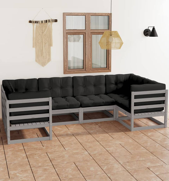 6-tlg. Garten-Lounge-Set mit Kissen Grau Massivholz Kiefer