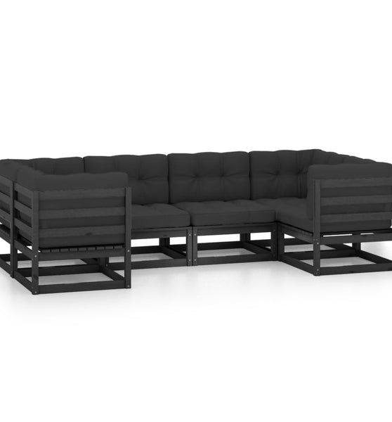 6-tlg. Garten-Lounge-Set mit Kissen Schwarz Massivholz Kiefer