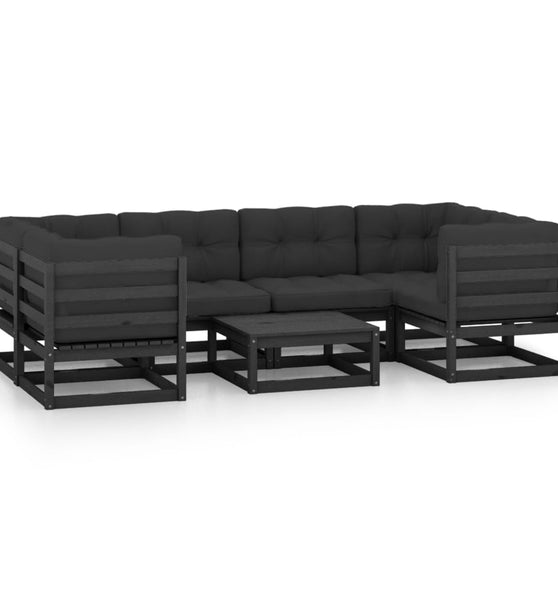 7-tlg. Garten-Lounge-Set mit Kissen Schwarz Massivholz Kiefer