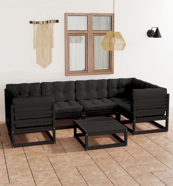 7-tlg. Garten-Lounge-Set mit Kissen Schwarz Massivholz Kiefer