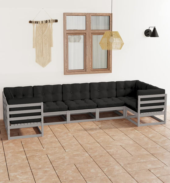 7-tlg. Garten-Lounge-Set mit Kissen Grau Massivholz Kiefer