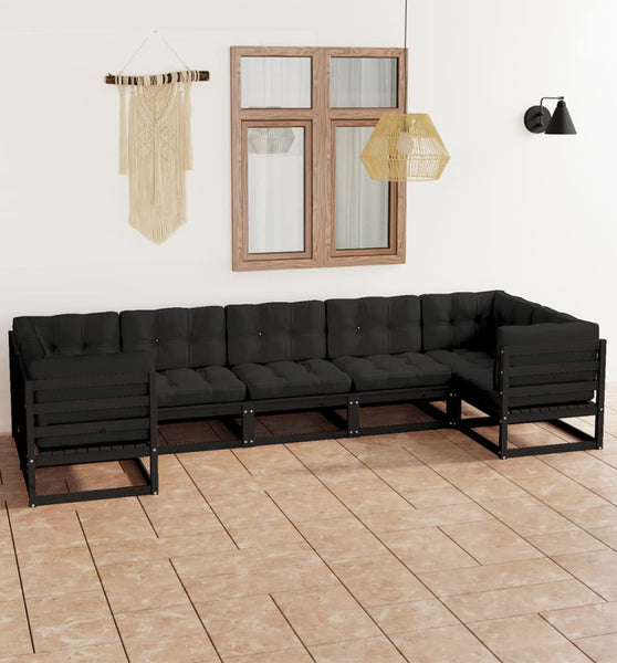 7-tlg. Garten-Lounge-Set mit Kissen Schwarz Massivholz Kiefer