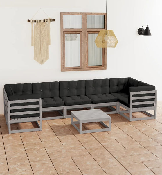 8-tlg. Garten-Lounge-Set mit Kissen Grau Massivholz Kiefer