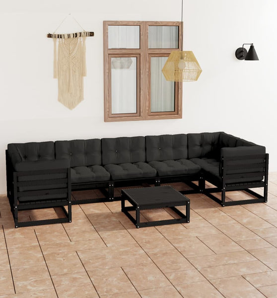 8-tlg. Garten-Lounge-Set mit Kissen Schwarz Massivholz Kiefer