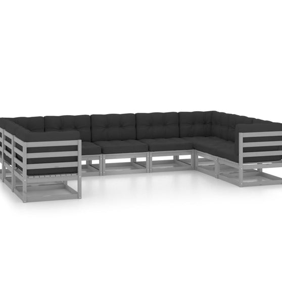 9-tlg. Garten-Lounge-Set mit Kissen Grau Massivholz Kiefer