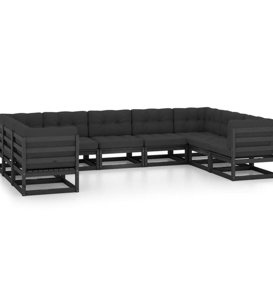 9-tlg. Garten-Lounge-Set mit Kissen Schwarz Massivholz Kiefer