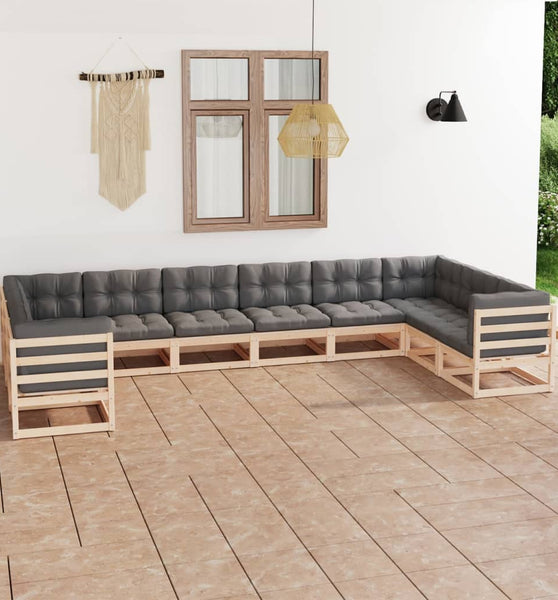 10-tlg. Garten-Lounge-Set mit Kissen Massivholz Kiefer